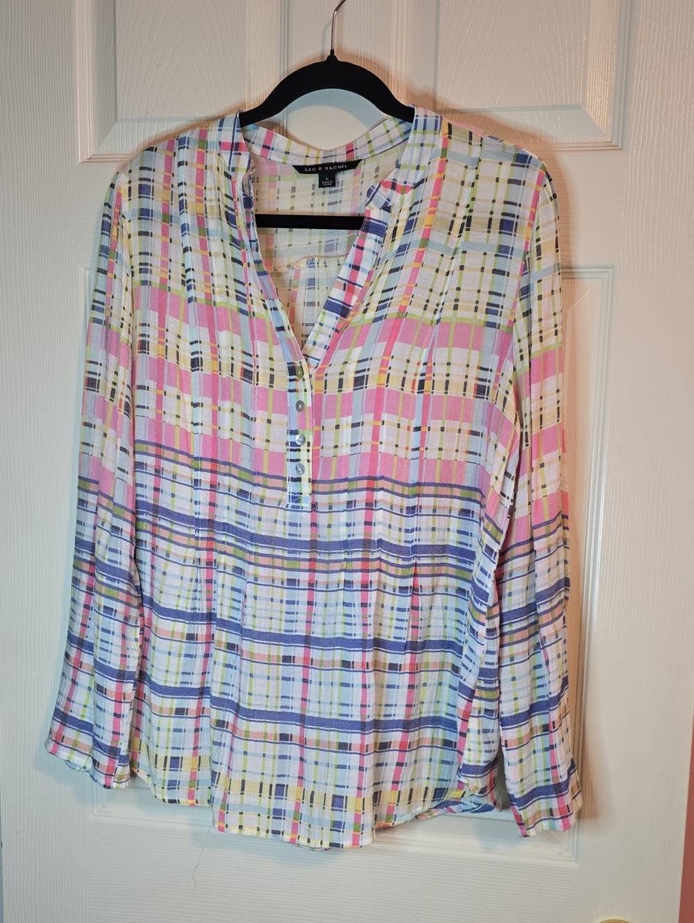 Zac & Rachel Pastel Plaid Henley Blouse - Pink, Blue, Yellow, Green